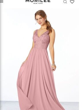 Mori Lee Dusty Rose Lace Bodice V-Neck Maxi Gown